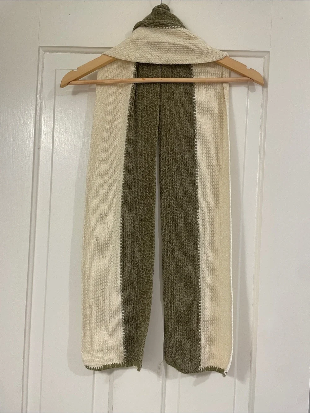 Knit Olive and Cream Striped Chenille Scarf
